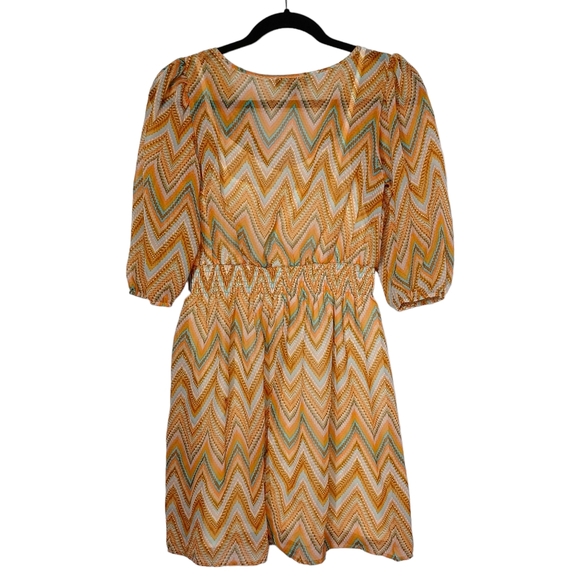 AS U WISH Colorful Chevron Stripe Print Brown Blue Smocked Dress Small NWT - Picture 6 of 11